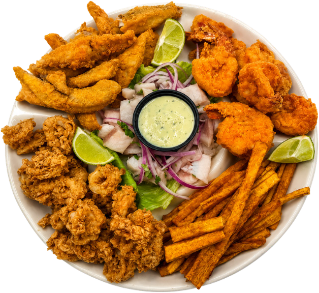 Agave Platter with ceviche, calamari, breaded shrimp, fish, and fried plantains