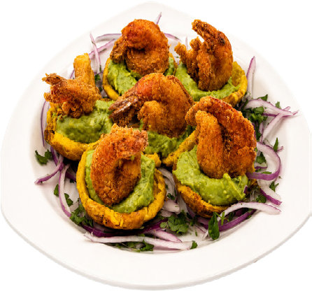 Canastas de Camarón with crispy green plantains, shrimp, guacamole, and red onion