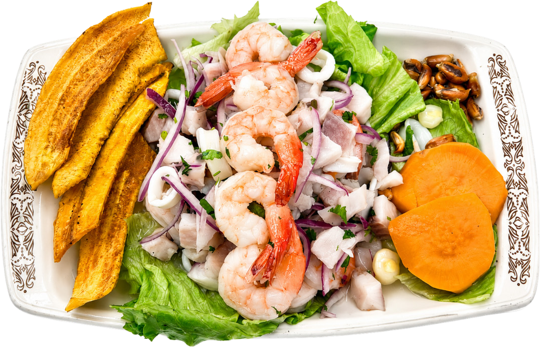 Ceviche Peruano with seafood, red onion, sweet potato, Peruvian corn, and plantain chips
