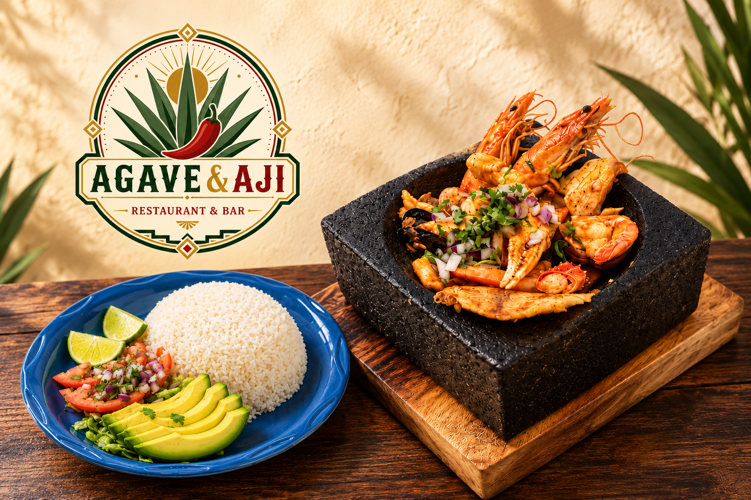Agave and Ají seafood molcajete with rice, avocado, and restaurant logo